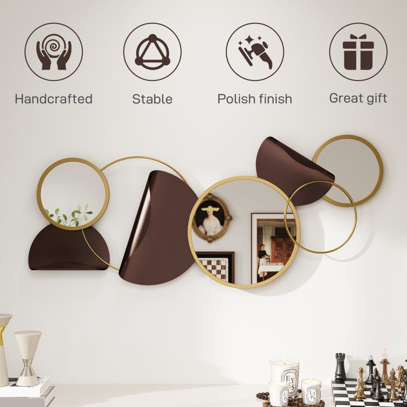 HOMCOM Metal Wall Art, Modern Decorative Mirror Decor, Hanging Home Wall Decoration for Living Room Bedroom Dining Room, Gold Tone