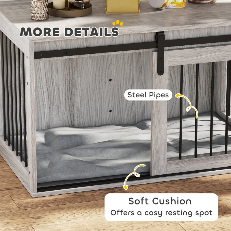 PawHut Dog Crate Furniture, Dog House Furniture Style for Large Breeds, Pet Kennel with Removable Cushion for Indoor Use, 98 x 58 x 61cm, Grey