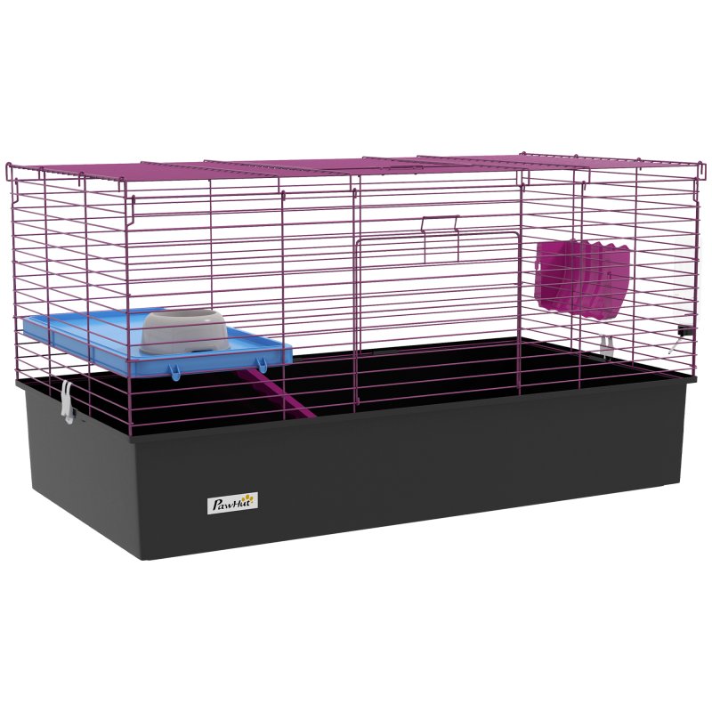 PawHut Guinea Pig Cage Chinchillas Rabbit Small Animal Cage with Ramp, Dish, Water Bottle, 99 x 52 x 53cm, Black