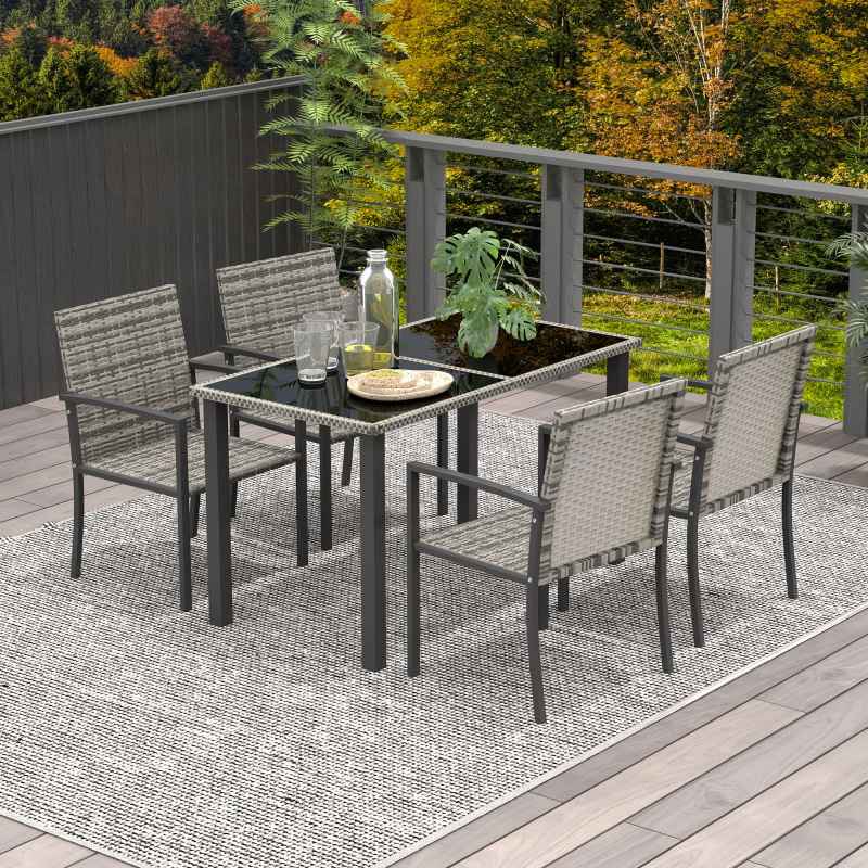 Outsunny 4 Seater Rattan Dining Set with Rectangular Glass Top Table and 4 Armchairs, PE Rattan Garden Furniture Set, Outdoor Dining Table and Chairs for Patio, Balcony, Lawn, Mixed Grey