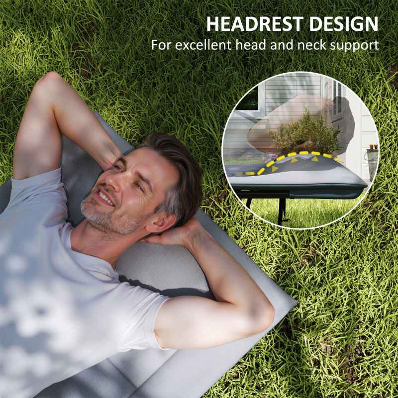 Outsunny Folding Camping Bed for Adults with Cushion, Heavy Duty Portable Travel Camping Cot with Headrest, Side Pocket and Non-Slip Foot Pads for Outdoor Beach Travel Office, Grey