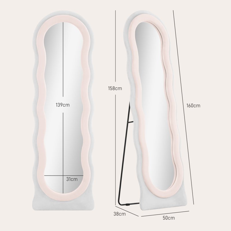 HOMCOM Irregular Wavy Mirror Full Length, 160 x 50cm Free Standing, Leaning or Wall Mirror with Velvet Wrapped Frame and Arched Top for Living Room, Bedroom, White and Pink