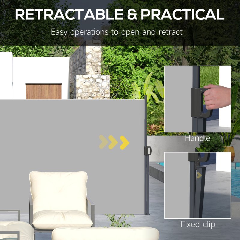 Outsunny Retractable Side Awning, Garden Privacy Screen Divider, Full Cassette Wind Breaker for Hot Tub, Balcony, Terrace, Pool, 400 x 180cm, Light Grey