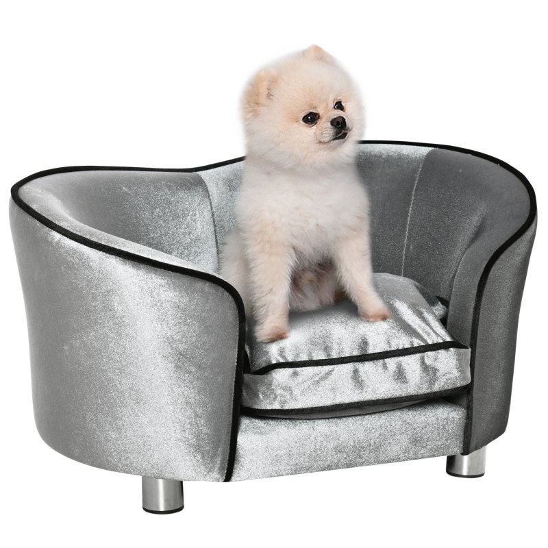 PawHut Dog Sofa Bed for Miniature Dogs, Pet Chair Couch Kitten Lounge with Soft Washable Cushion, Thick Sponge, Wooden Frame, Storage Pocket, 69 x 49 x 38cm - Silver-Tone
