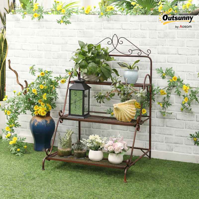 Outsunny 3 Tier Metal Plant Stand, Ladder Flower Pot Display Shelf, Storage Organiser Rack for Indoor Outdoor Patio Balcony Garden