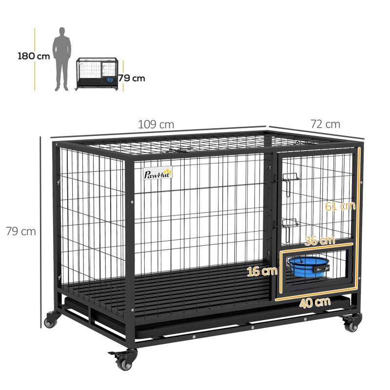 PawHut 43" Heavy Duty Dog Crate with Bowl Holder, Dog Cage on Wheels with Removable Tray, Openable Top, Detachable Door, Indoor Outdoor Use, for Large and Extra Large Dogs - Black