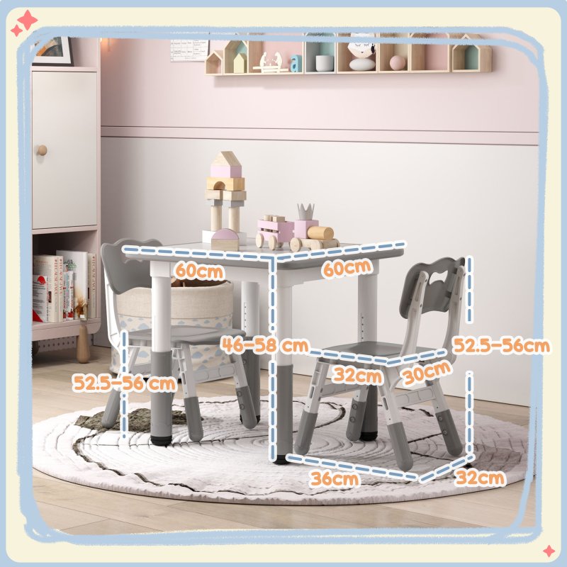 AIYAPLAY Kids Table and Chair Set, 3 Pcs Height Adjustable Activity Table Set with 2 Chairs, Easy to Wipe Arts & Crafts Table, for Classrooms, Daycares, Homes - Grey