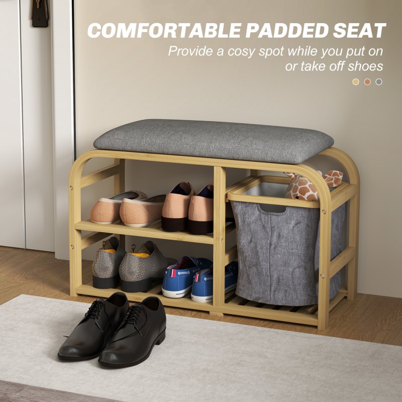 HOMCOM Bamboo Shoe Bench with Cushion, Shoe Rack Bench with 2 Slatted Shelves and Pull-Out Fabric Basket for Hallway, Entryway, Living Room, Nature Wood Finish
