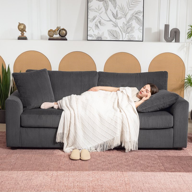 HOMCOM Modern 3 Seater Sofa with Spring Cushion, 212 cm Fabric Jumbo Cord Sofa Couch with 2 Scatter Cushions, Upholstered Corduroy Settee for Living Room, Bedroom, Home Office, Grey