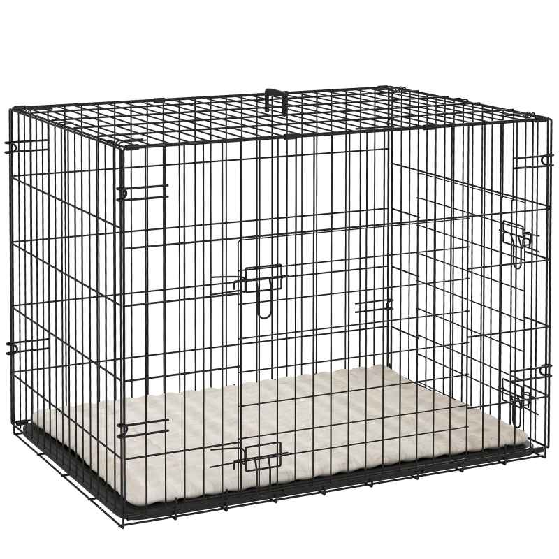 PawHut Dog Crate, Folding Metal Dog Cage with Two Doors, Tray, Soft Cushion, for Small Dogs, 76 x 53 x 60 cm, Black