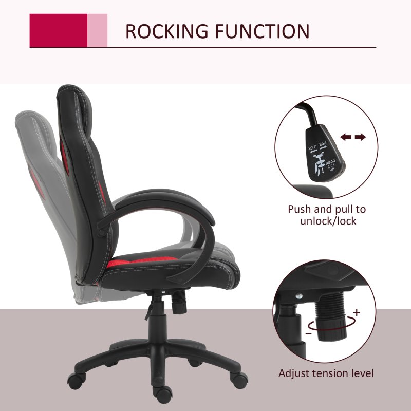 Vinsetto Gaming Chair Faux Leather Swivel Computer Racing Gamer Desk Chair for Home Office with Wheels, Red
