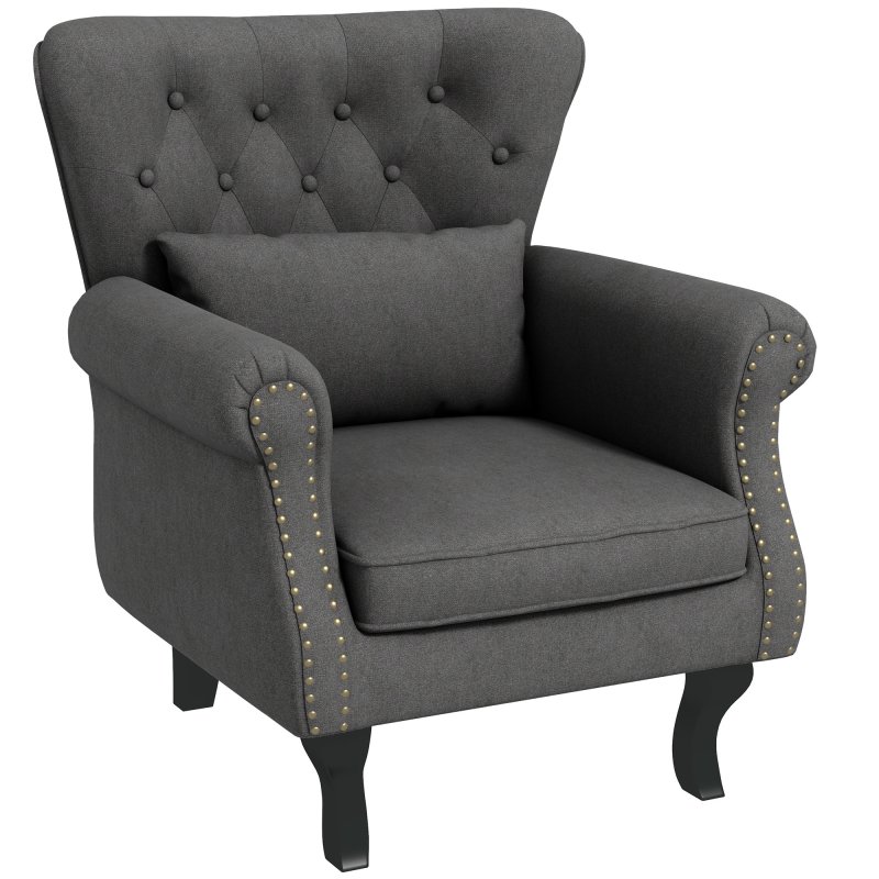 HOMCOM Wingback Armchair, Linen Fabric Accent Chair, Upholstered Fireside Chair with Pillow, Button Tufted Back for Living Room, Bedroom, Home Office, Dark Grey