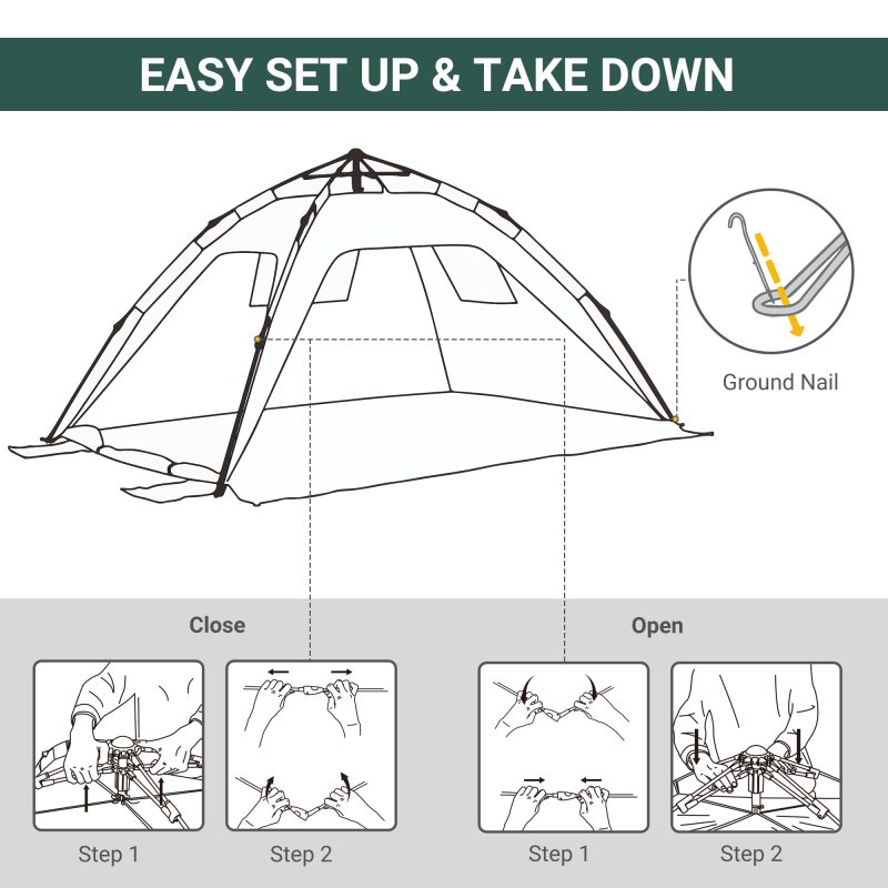 Outsunny 2 Man Pop-up Tent Beach Tent Sun Shelter w/ Windows Doors Hook Sandbags UV Protection Waterproof Outdoor Adventure Garden, Green