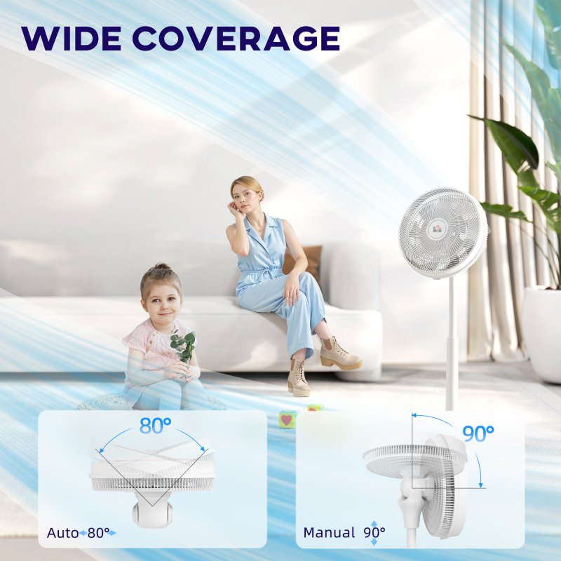 HOMCOM 16" Standing Pedestal Fan, Electric Cooling Floor Fan, Quiet, 80° Oscillating, Adjustable Tilt and Height, 12 Speed, 15H Timer, Remote Control, Sleep Mode, for Home Office Bedroom, White