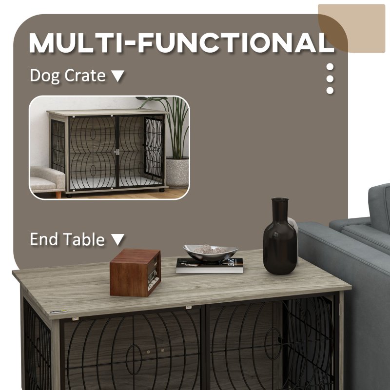 PawHut Dog Crate Furniture, Dog Cage End Table with Large Top, Soft Washable Cushion, Lockable Front Door, Wire Mesh Ventilation, Indoor Pet Crate for Large Sized, 100 x 60 x 74cm - Grey