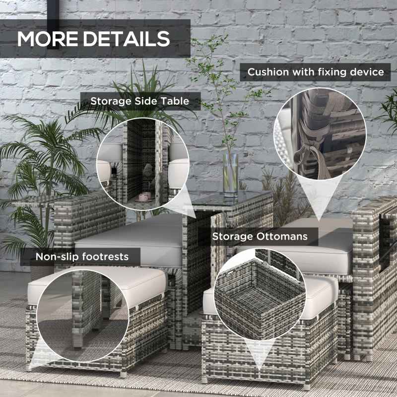 Outsunny 5PC PE Rattan Sun Lounger, Outdoor Wicker 5-level Adjustable Recliner Sofa Bed with Storage Side Table and Footstools, for Patio, Garden, Poolside, Grey