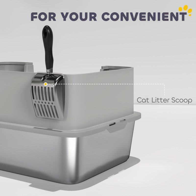 PawHut Stainless Steel Litter Box, High Sided Cat Litter Tray with Metal Scoop, Mat, Never Absorbs Odors, Anti Leakage & Easy to Clean, Pet Toilet for Big Cats, Grey