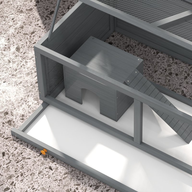 PawHut Wooden Hamster Cage, Small Animal Cage with Sliding Tray, Openable Top, Hut, Exercise Play House for Syrian Hamsters, Grey