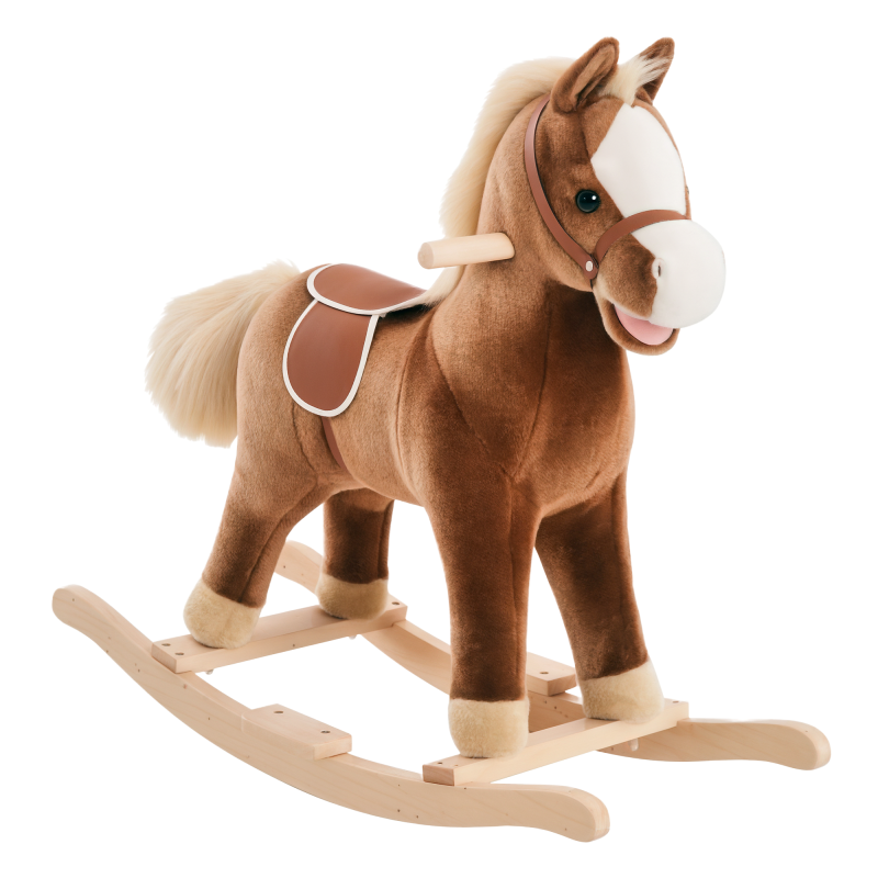 HOMCOM Kids Children Plush Rocking Horse Wooden Base Ride On Toy Rocker with Handle Grip Traditional Toy Fun Gift for Age 3+ (Brown)