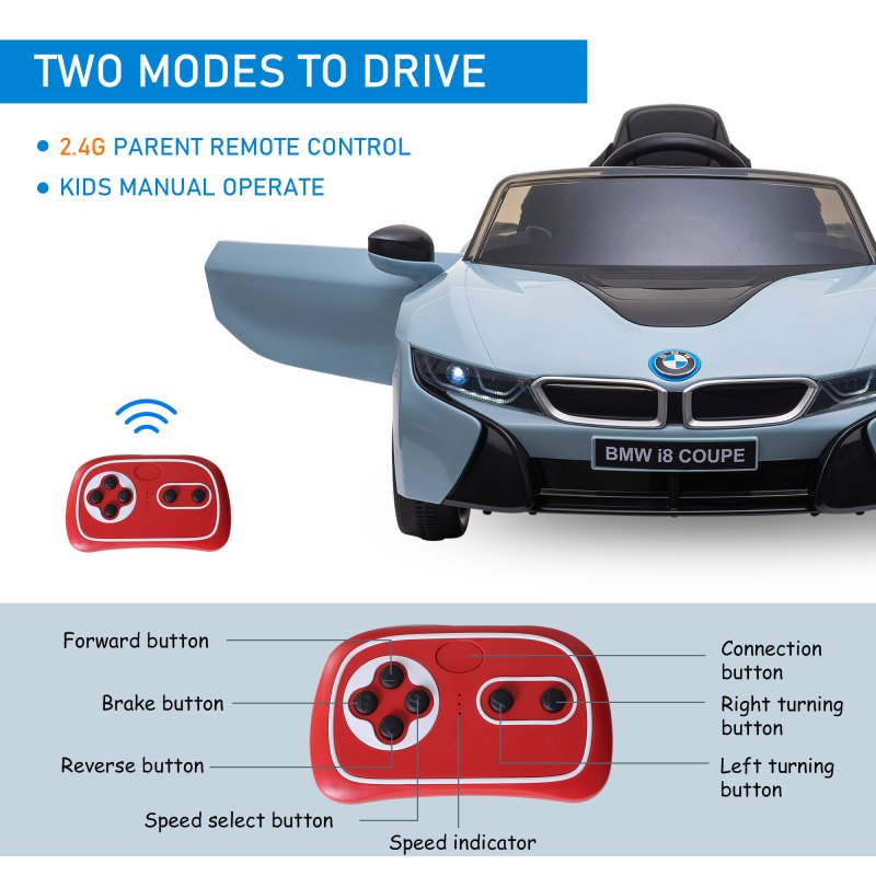 HOMCOM BMW I8 Coupe Licensed 6V Electric Car for Kids with Parent Remote Control, Kids' Electric Ride-on with Suspension Wheels, MP3, Music, Horn, LED Lights, for 3-8 Years Old, Blue
