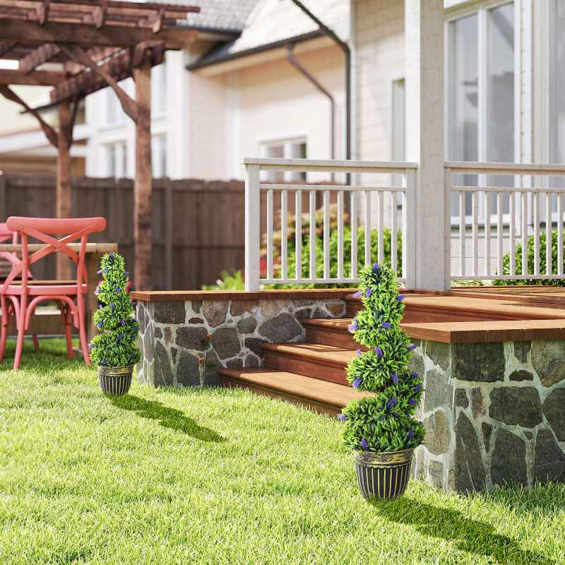 HOMCOM Set of 2 Decorative Artificial Plants, Boxwood Spiral Topiary Tree with Lavender and Pot, Fake Plants for Home Indoor Outdoor Decor, 90cm