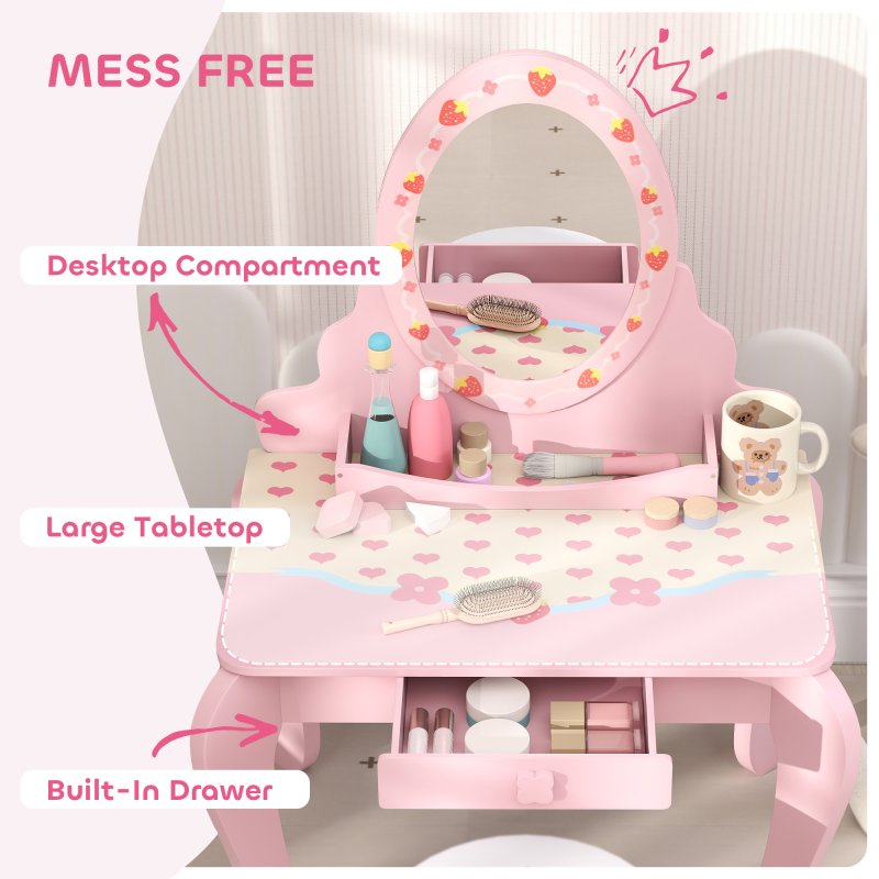 AIYAPLAY Kids Dressing Table Set, Two-Piece Children Vanity Table with Stool, Mirror, Drawer, Desktop Storage, Strawberry-Theme Makeup Desk, Chair, Pink