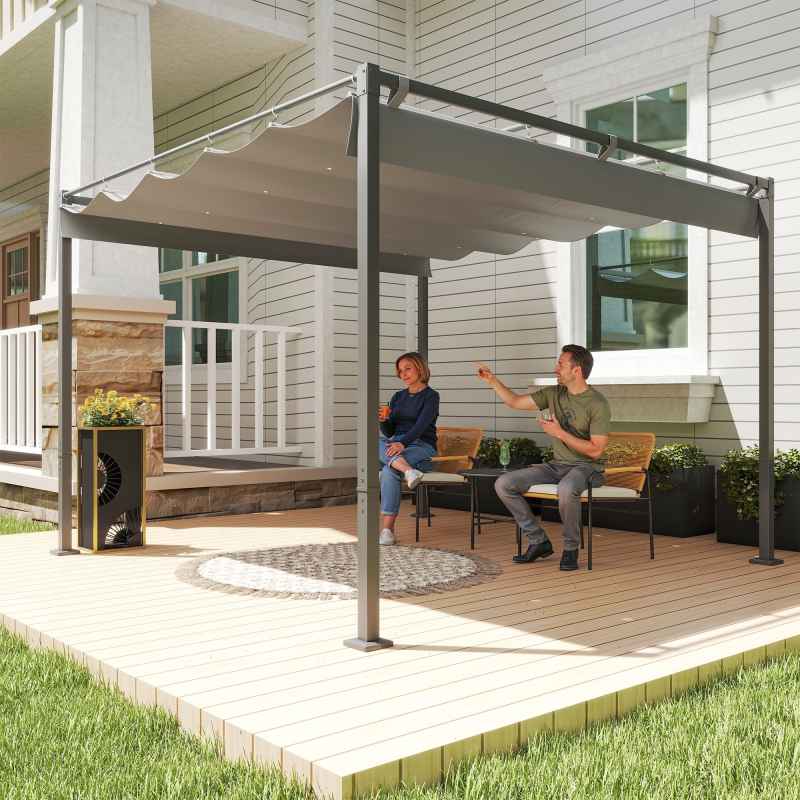 Outsunny 3 x 3(m) Garden Pergola with Retractable Roof and Magnetic Fixture, Outdoor Gazebo Pergola Kit Sun Shade Canopy, UPF30+, Grey