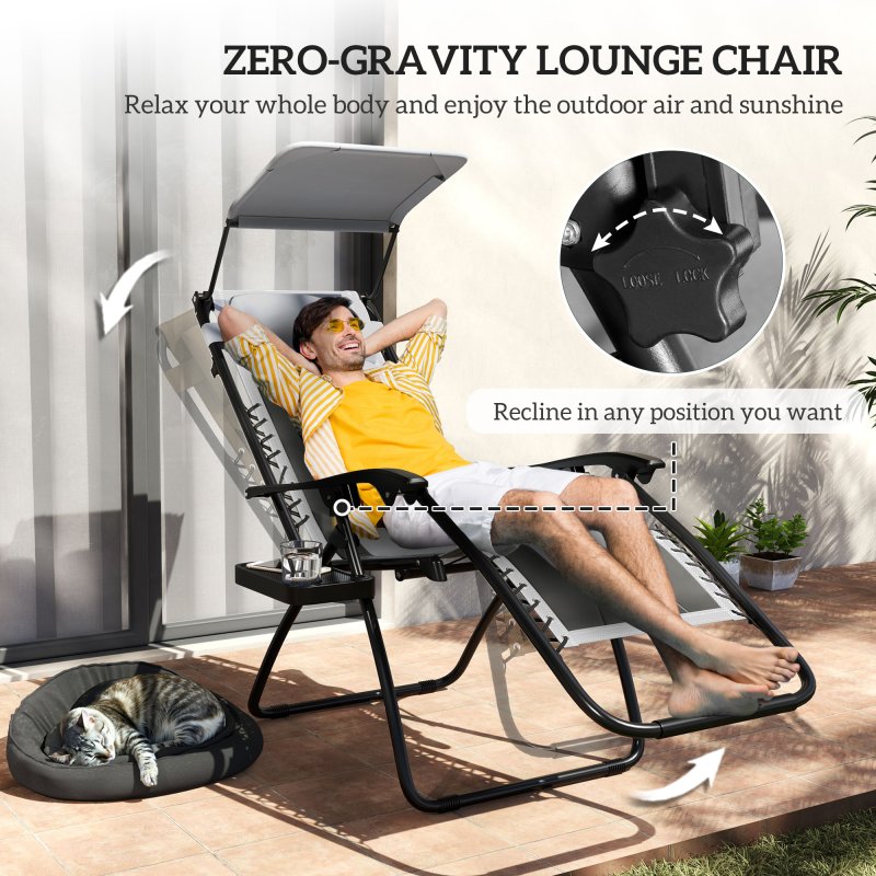 Outsunny Zero Gravity Lounger Chair Set of 2, Folding Reclining Patio Chair with Shade Cover, Padded Seat, Cup Holder, Soft Cushion and Headrest for Poolside, Camping, Light Grey