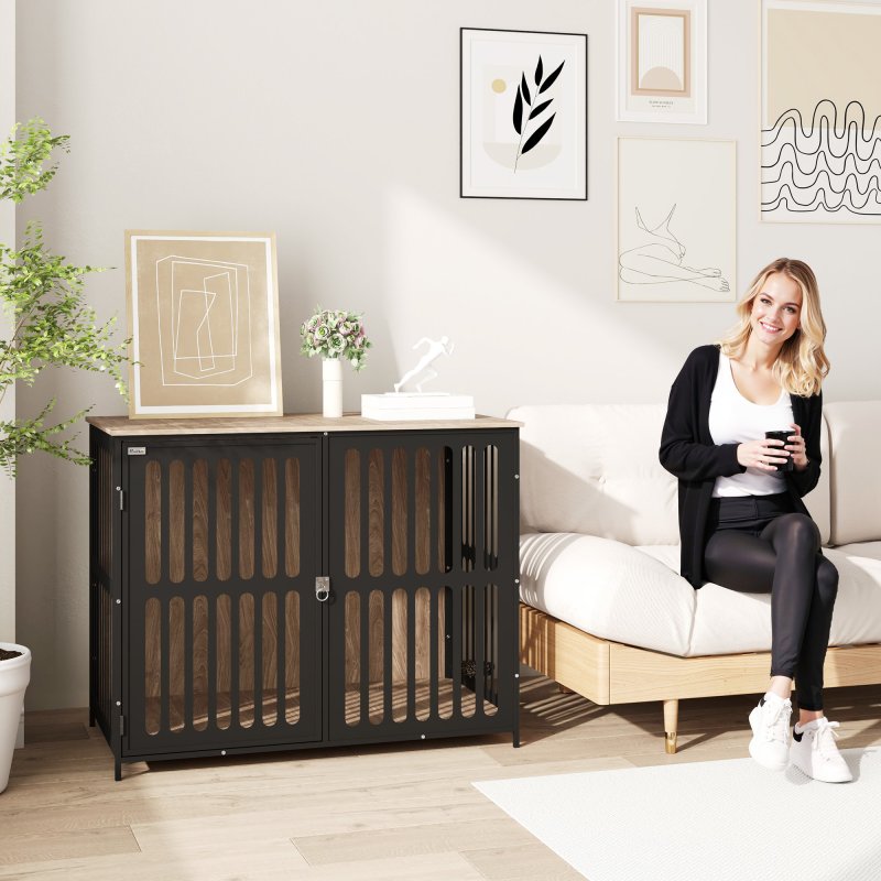 PawHut Dog Crate Furniture, Dog Cage Side End Table Indoor with Anti-Chew Resistant Mesh, Anti-Escape Door, for Large Pet, 100 x 60 x 81.5 cm, Walnut Brown