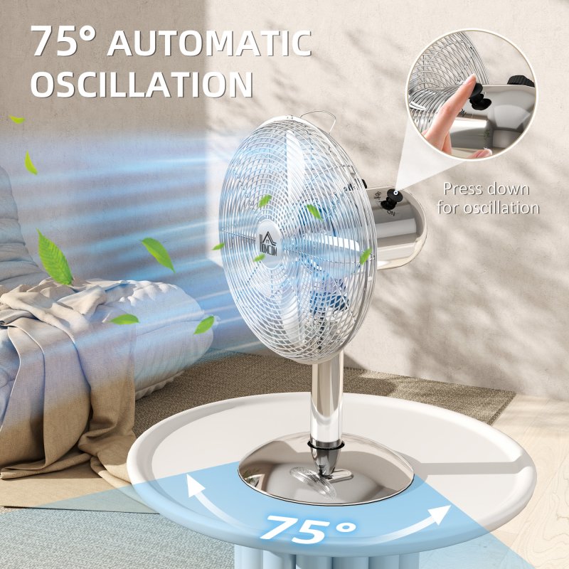 HOMCOM 12" Metal Desk Fan with 3 Speed Settings, Wide-Angled Oscillation, Adjustable Tilt, Portable Table Fan for Bedroom or Home Office, Silver Tone