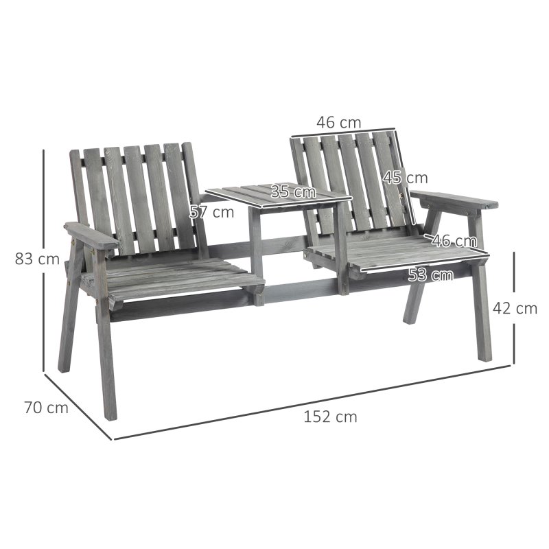 Outsunny 2-Seater Wooden Garden Bench, Antique Loveseat Chair with Table & Parasol Hole, Outdoor Bench for Porch, Patio, Grey