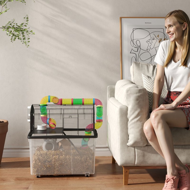 PawHut Hamster Cage, 2 Tier Gerbil Cage with 31cm Deep Tray, Tube System, Water Bottle, Ramp, Feeding Bowl, 58 x 43 x 57cm, Multicoloured