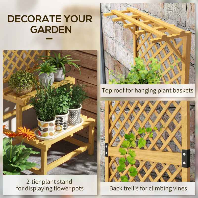 Outsunny 2 Tier Wooden Plant Stand with Trellis, Freestanding Raised Garden Bed for Climbing Plants, Planter Box to Grow Vegetables, Herbs and Flowers for Garden, Patio, Yellow