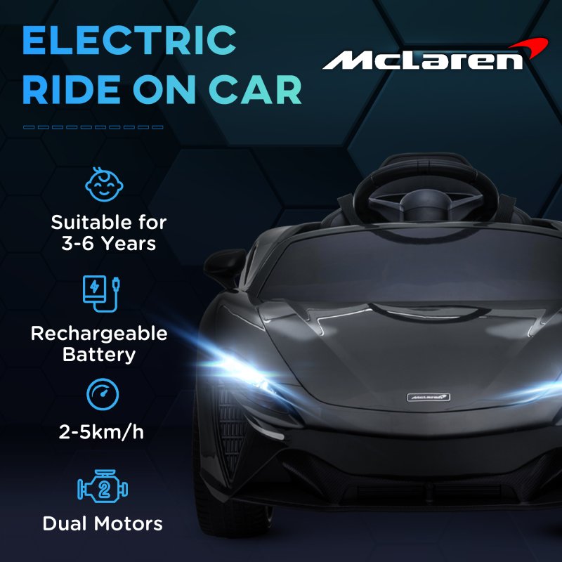 HOMCOM McLaren Licensed 12V Kids Electric Ride-On Car with Butterfly Doors, Powered Electric Car with Remote Control, Music, Horn, Headlights, MP3 Slot, Suspension Wheels, for Ages 3-6 Years - Black