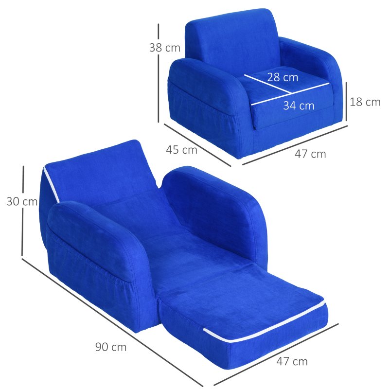 HOMCOM Children's Armchairs Kids Toddler Sofa Chair 2 In 1 Sofa Bed Folding Couch Soft Flannel Sponge Playroom Bedroom Living Room Blue