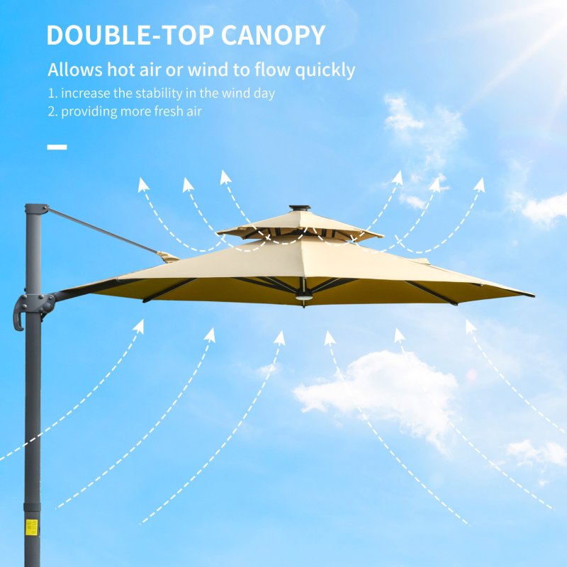 Outsunny 3(m) Cantilever Roma Parasol with LED Solar Lights, Crank & Tilt, Aluminium Frame, Cross Base and Adjustable Canopy 360° Rotating Sun Umbrella with 2-Tier Shade, Beige