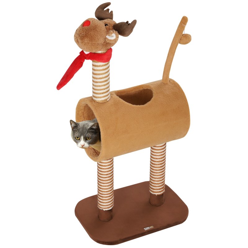 PawHut Cat Tree, 98cm Deer-Designed Cat Tower for Indoor Cats, Kittens, with Scratching Posts, Toy Ball, Tunnel, Brown