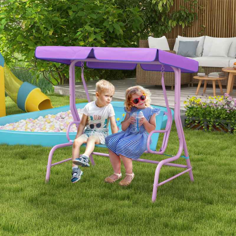 Outsunny 2 Seat Kids Swing Chair with Adjustable Canopy, Fairy Themed Double Kids Garden Swing Bench with Safety Belts for Patio Park Porch, for Ages 3-6 Years - Blue