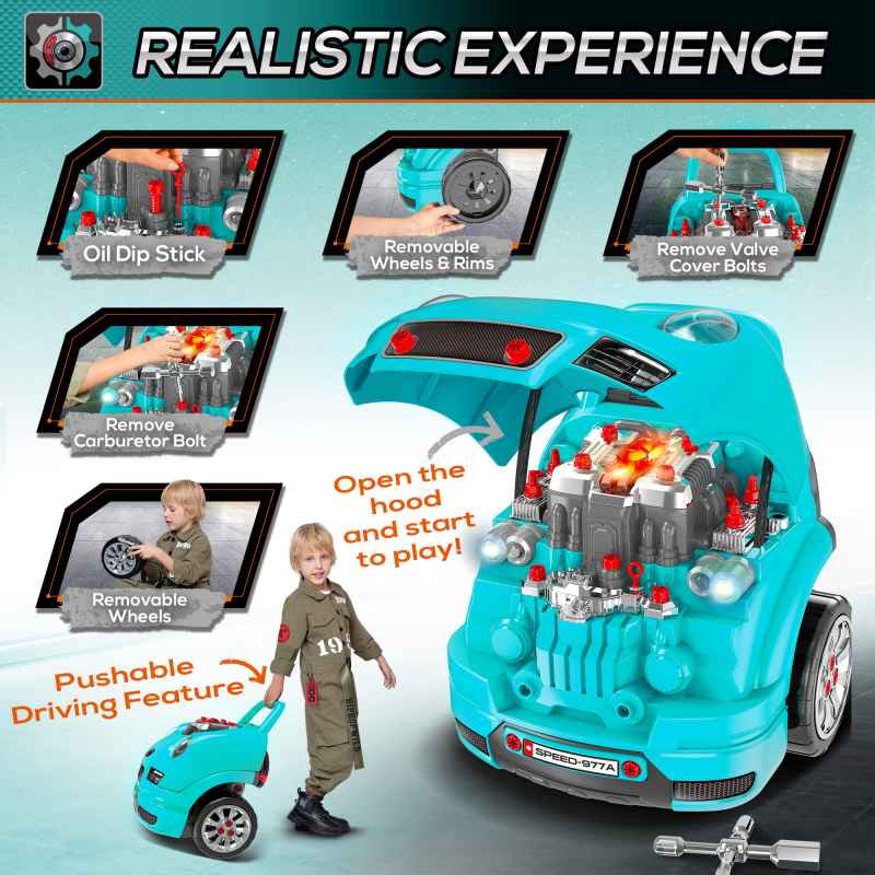 HOMCOM Kids Truck Engine Toy Set Toddler Educational Car Service Station w/ RC Car Key Steering Wheel Horn Light, Mechanic Gifts for Ages 3-5 Years - Teal