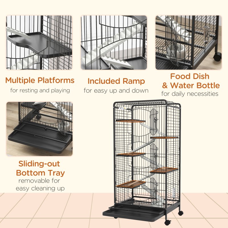 PawHut Ferret Cage Small Animal Cage 6 Levels with Bowl, Water Bottle, Wheels, Rolling Pet Cage for Bunnies Chinchillas, Squirrels, 131cm - Black