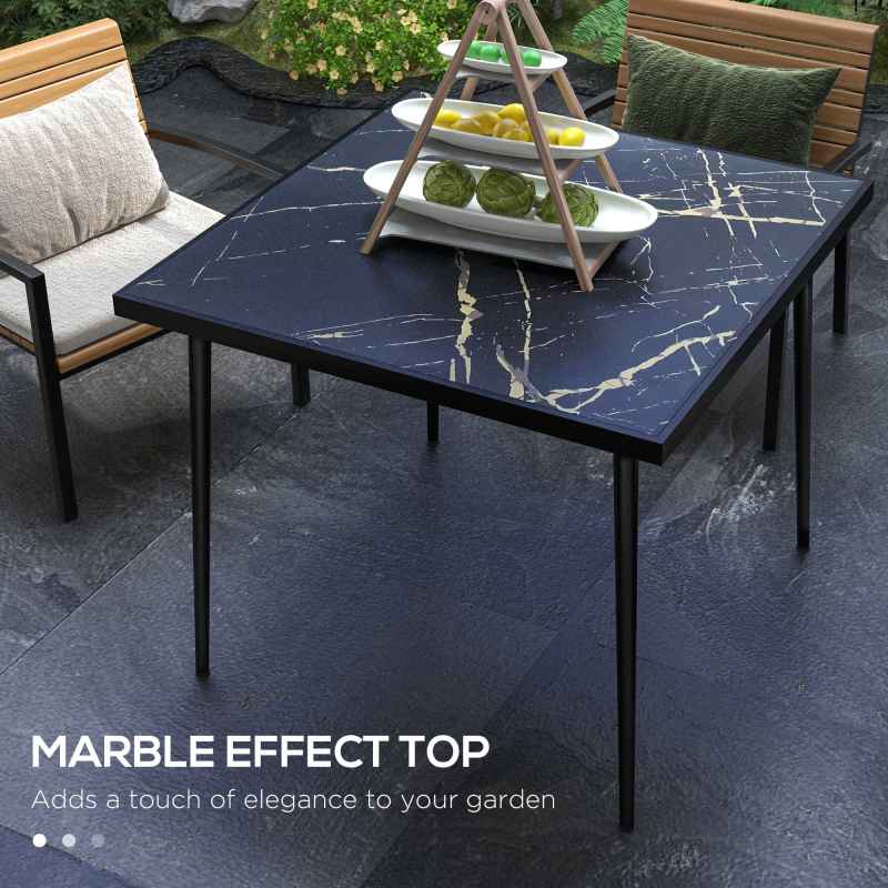 Outsunny Outdoor Dining Table for 4, Square Garden Table with Marble Effect Tempered Glass Top and Steel Frame for Balcony, Patio, 90cm x 90cm, Black