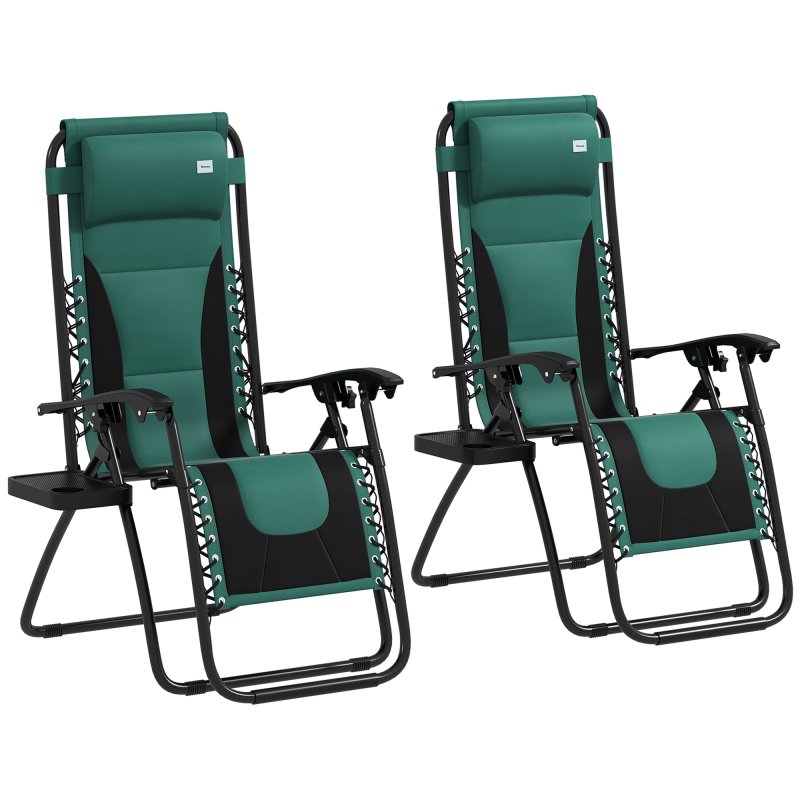 Outsunny Zero Gravity Lounger Chair Set of 2, Folding Reclining Patio Chair with Padded Seat, Cup Holder, Soft Cushion and Headrest for Poolside, Camping, Green