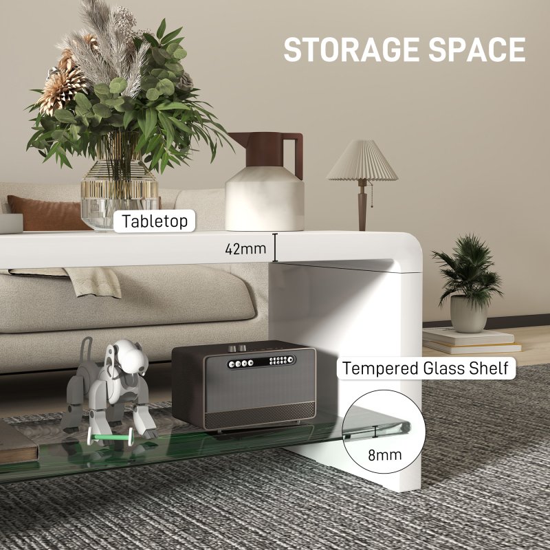 HOMCOM High Gloss Coffee Table with Storage, Two-Tier Living Room Table with Glass Shelf, Modern Centre Table for Home Office, 100 x 45 x 45cm, High Gloss White