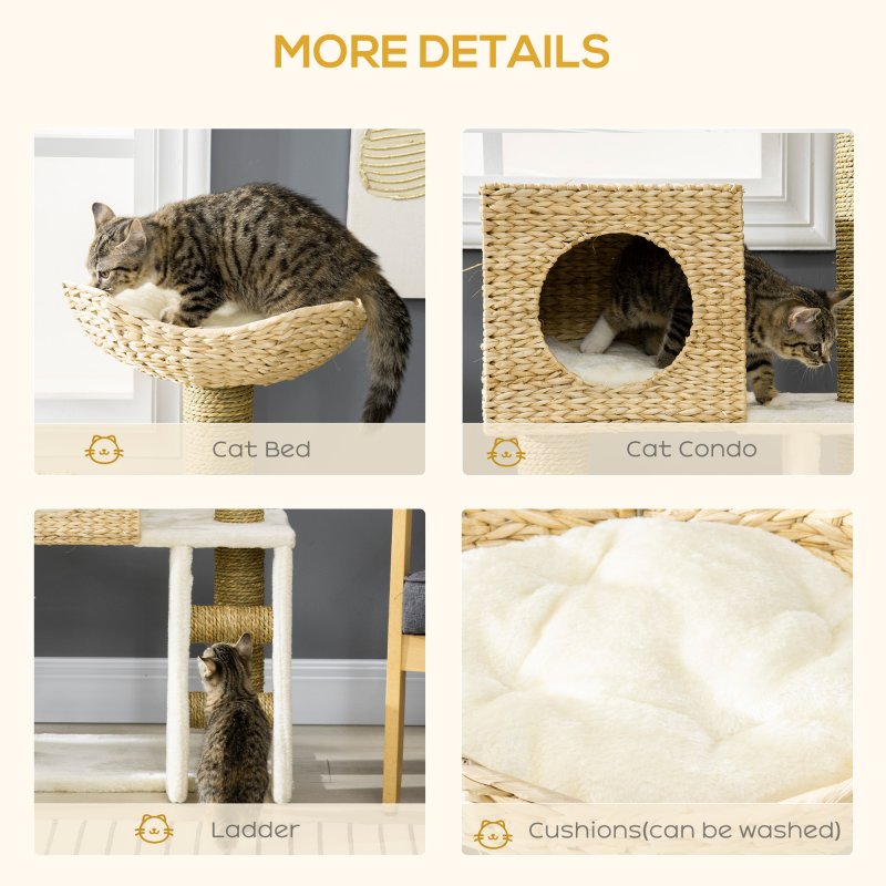 PawHut Flower Cat Tree for Indoor Cats Kitten Tower Cattail Weave with Scratching Posts, Cat House, Bed, Ladder, Washable Cushions, 57 x 37 x 100.5 cm - Natural Finish