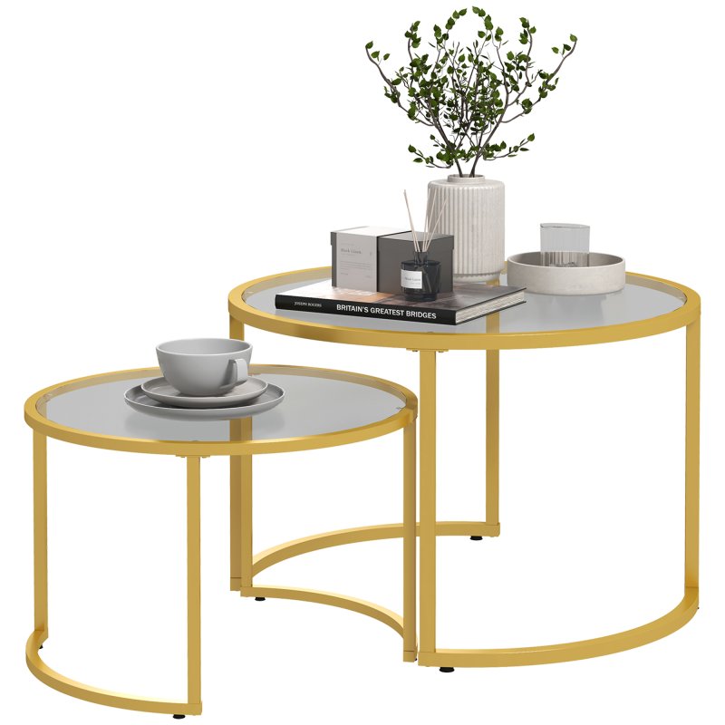 HOMCOM Coffee Table Set of 2, Modern Nest of Tables with Tempered Glass Top, Steel Frame for Living Room, Gold Tone