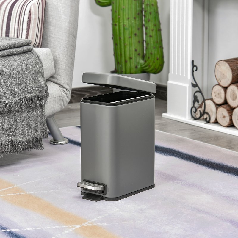 HOMCOM 5L Rectangular Compact Bin Steel Body Removable Bucket Quiet-Close Lid w/ Pedal Lid Rubbish Trash Can Home Office Bedroom Bathroom Living Room Garbage Tidy Clean 