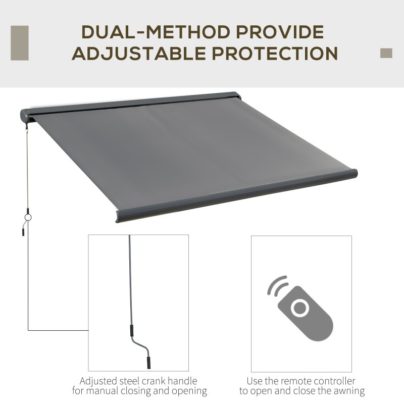 Outsunny 3 x 2.5m Electric Awning with Remote Controller, Aluminium Frame DIY Retractable Awning, UV50+ Sun Shade Canopy for Garden Patio Deck Door Window, Grey