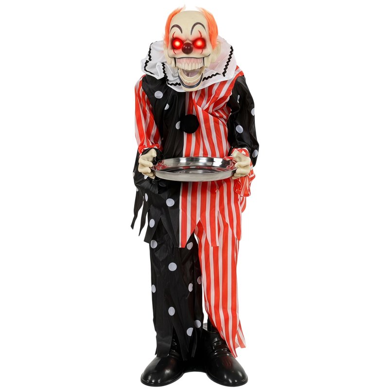 HOMCOM 36"/91 cm Animated Clown Halloween Decoration, Standing Halloween Animatronic with Sound and Touch Activation, Red Light-Up Eyes, Moving Mouth, Candy Tray