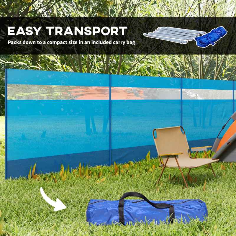 Outsunny Camping Windbreak, 5 Pole Windbreaker Blocker with Clear Windows, Carry Bag and Steel Poles, for Beach Caravan Campervan, 725 x 140cm, Blue
