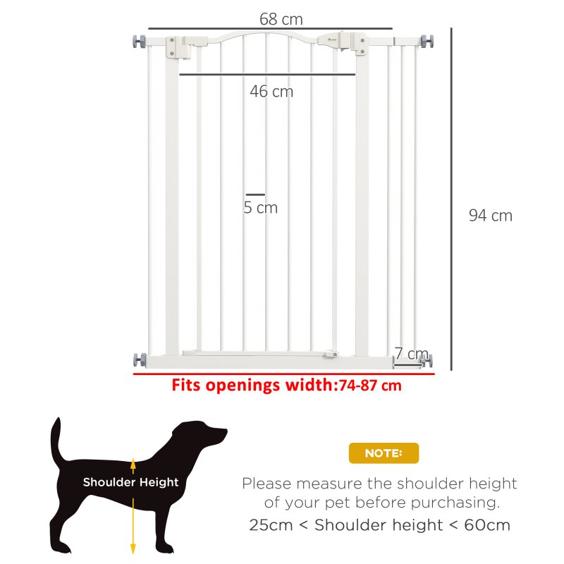PawHut Pressure Fit Dog Stair Gate No Drilling Safety Gate Auto Close for Doorways, Hallways, 74-87cm Adjustable, 94cm Tall, White